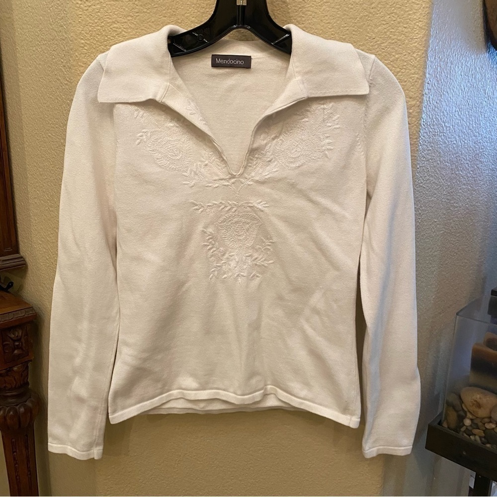 MENDOCINO White Embroidery V-Neck Cottage Core Long Sleeve Top Size Small